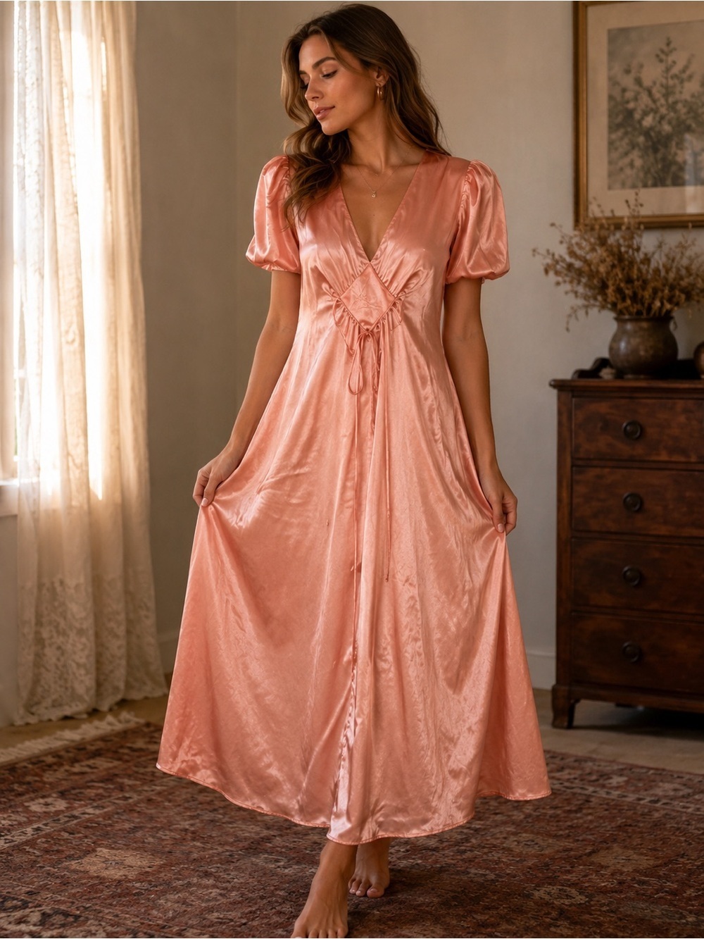 Dorsay Vintage 70s Peach Satin Chemise with V-Neck and A-Line Silhouette Size S